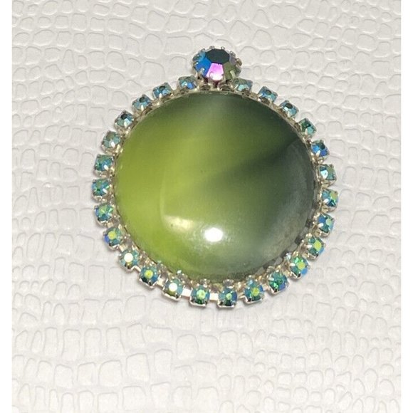 VTG Givre Art Glass AB Rhinestone Brooch Prong Set Green Yellow 2 Inches Silver - Picture 2 of 5